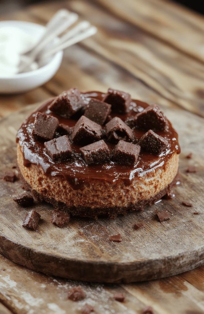 A rich, creamy German chocolate cheesecake topped with shredded coconut, chocolate ganache drizzle, and toasted pecans, elegantly plated with a slice cut to reveal layers of chocolate and coconut filling, styled on a rustic wooden table with a warm, inviting atmosphere and soft natural daylight.