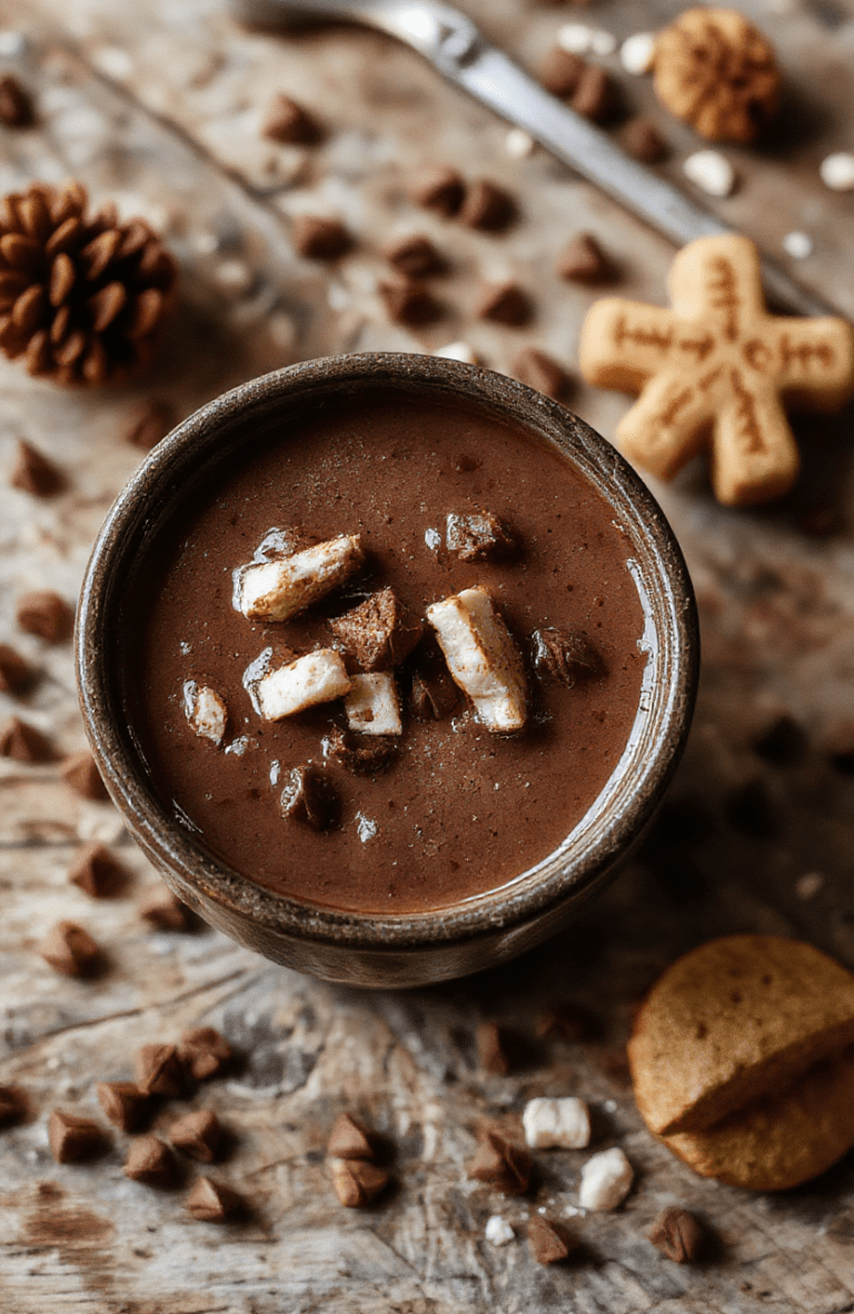 A rich, glossy hot chocolate served in a rustic mug, topped with whipped cream and chocolate shavings, surrounded by marshmallows, cinnamon sticks, and festive holiday decorations, on a dark wooden table with soft, warm lighting emphasizing the creamy texture and cozy atmosphere.