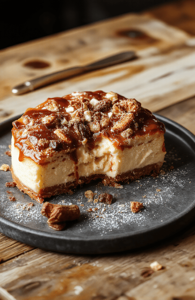 A vibrant image of a slice of churro cheesecake on a white plate, topped with cinnamon sugar and drizzled caramel. The cheesecake has a golden-brown churro crust, a creamy filling, and a crispy cinnamon sugar coating. The background features a rustic wooden table with a few cinnamon sticks and caramel sauce, styled simply to highlight the dessert's textures and inviting color palette.
