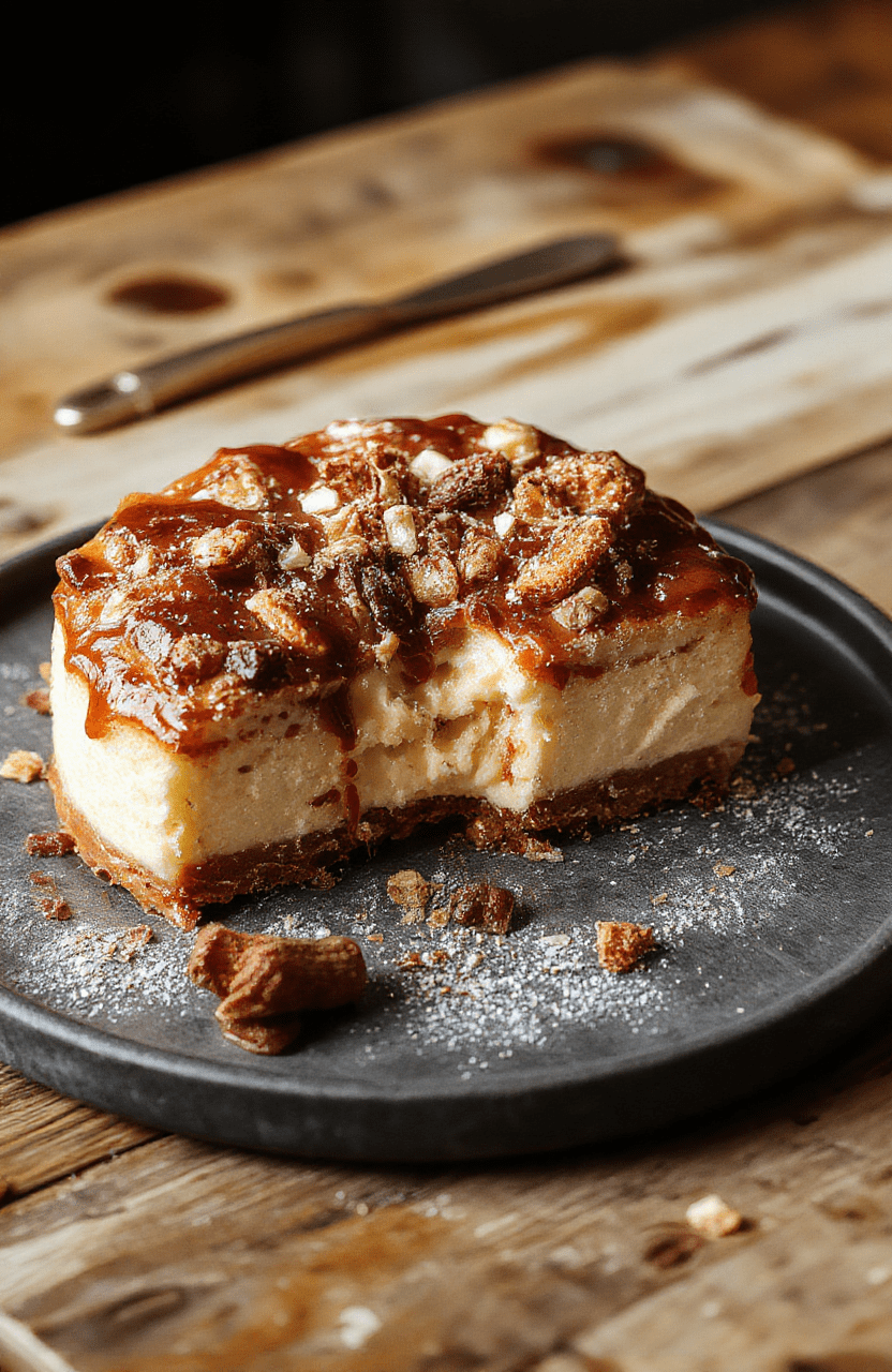 A vibrant image of a slice of churro cheesecake on a white plate, topped with cinnamon sugar and drizzled caramel. The cheesecake has a golden-brown churro crust, a creamy filling, and a crispy cinnamon sugar coating. The background features a rustic wooden table with a few cinnamon sticks and caramel sauce, styled simply to highlight the dessert's textures and inviting color palette.