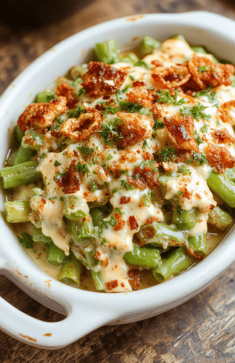 A vibrant green bean casserole served in a rustic white dish, topped with crunchy fried onions and drizzled with creamy sauce, surrounded by fresh green beans and herbs, styled simply with a holiday-themed background.