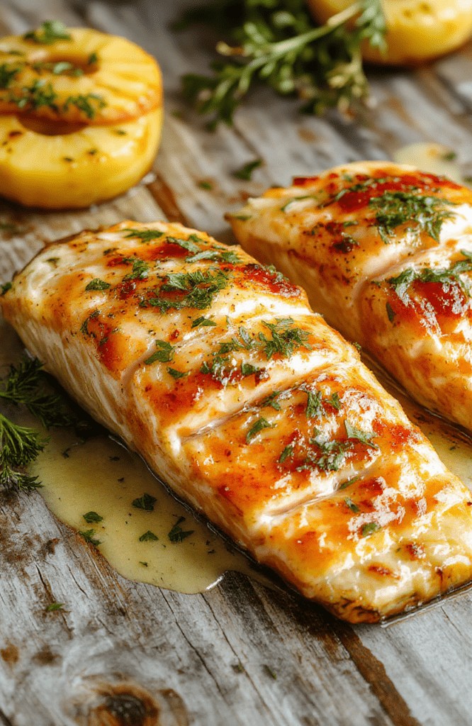 A vibrant plated dish featuring flaky baked salmon topped with caramelized pineapple chunks, garnished with fresh herbs on a rustic wooden table, showcasing a glossy glaze and colorful fruit accents, styled with natural light highlighting textures and colors.