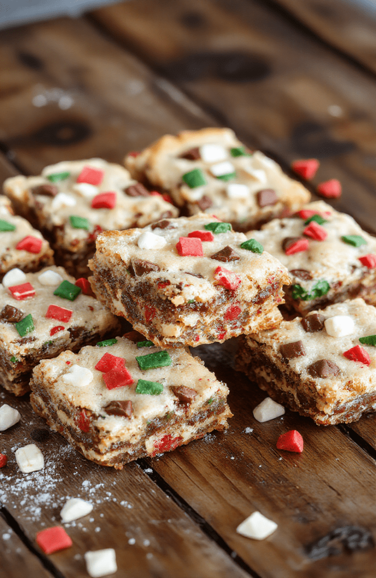 A colorful tray of golden-brown Christmas cookie bars topped with sprinkles and powdered sugar, decorated with holiday-themed sprinkles and cinnamon sticks, styled on a rustic wooden table with festive decorations in the background, highlighting the rich textures and vibrant colors of the cookies.