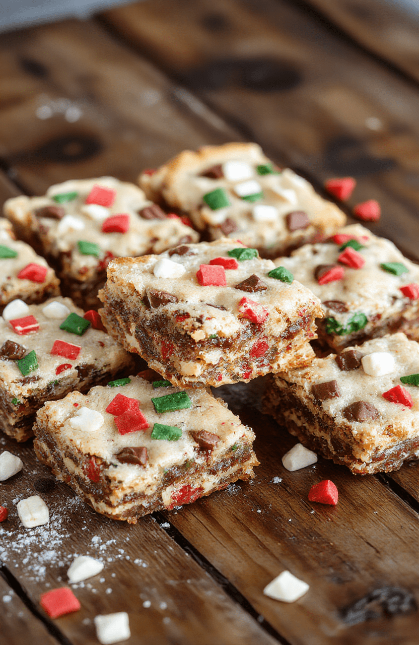 A colorful tray of golden-brown Christmas cookie bars topped with sprinkles and powdered sugar, decorated with holiday-themed sprinkles and cinnamon sticks, styled on a rustic wooden table with festive decorations in the background, highlighting the rich textures and vibrant colors of the cookies.