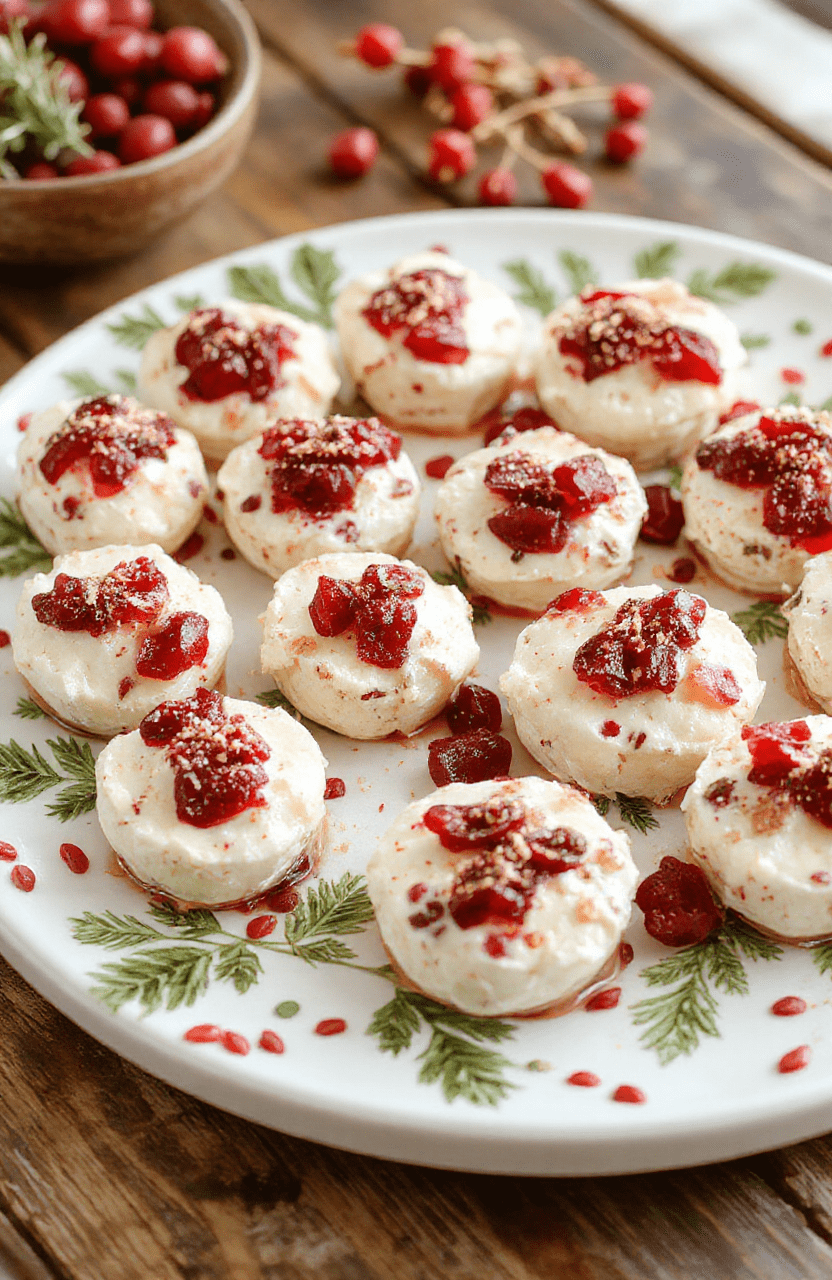A close-up of elegant cranberry brie bites arranged on a white platter. Each bite features a golden pastry cup filled with creamy brie cheese, topped with vibrant red cranberries and a sprig of fresh thyme. The background includes a festive holiday table with other appetizers, soft lighting highlights the glossy cranberries and flaky pastry textures, styled for a cozy holiday gathering.