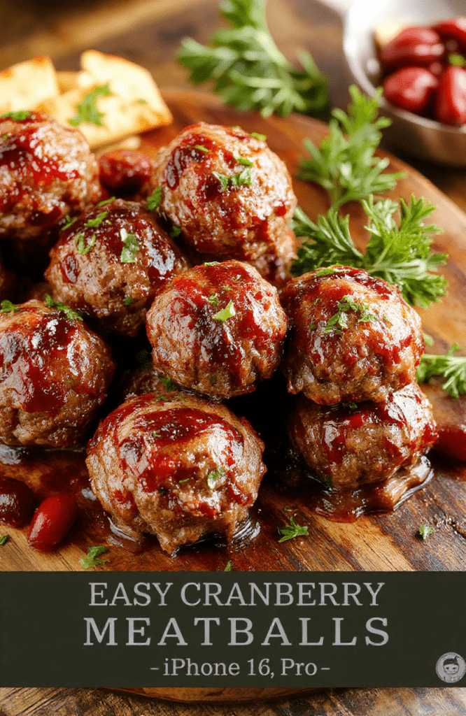 A plate of glossy cranberry meatballs garnished with fresh parsley, arranged on a festive red and green tablecloth, with a bowl of cranberry sauce in the background, showcasing a colorful and appetizing holiday appetizer with a sweet and savory glaze.