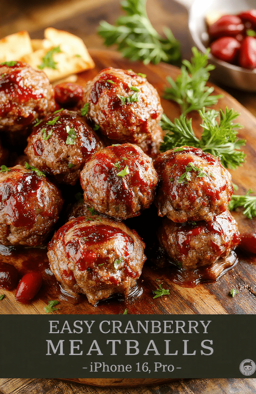A plate of glossy cranberry meatballs garnished with fresh parsley, arranged on a festive red and green tablecloth, with a bowl of cranberry sauce in the background, showcasing a colorful and appetizing holiday appetizer with a sweet and savory glaze.