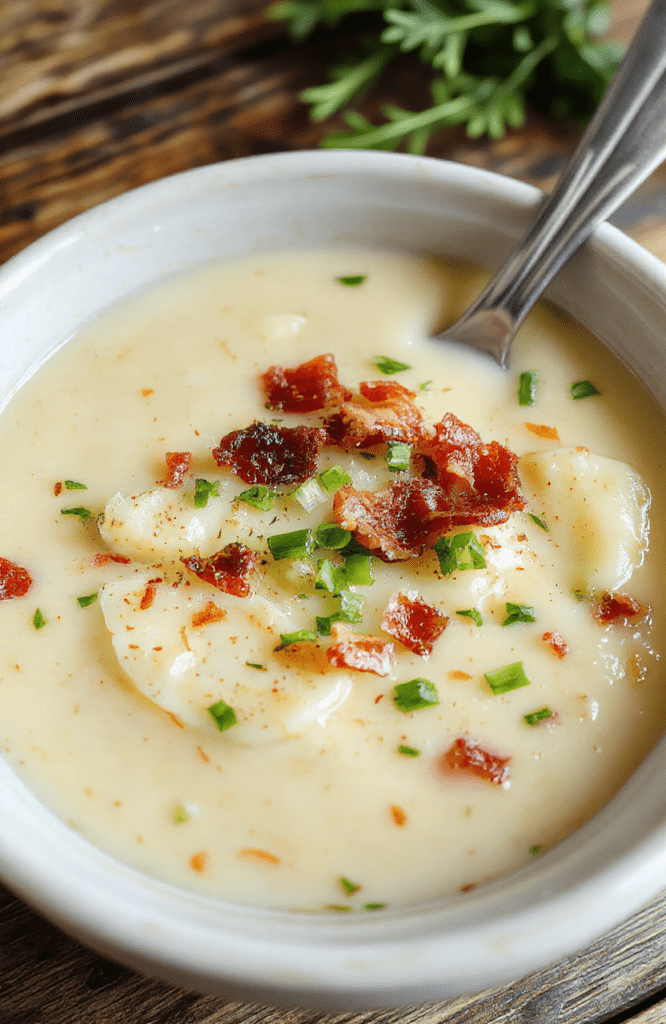 A warm, creamy potato soup in a rustic white bowl topped with chopped green onions and crispy bacon bits, placed on a wooden table with a soft cloth napkin nearby, featuring a smooth texture and vibrant colors of the fresh toppings, styled simply for a cozy, inviting feel.
