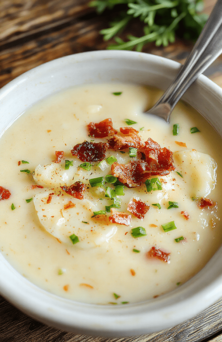 A warm, creamy potato soup in a rustic white bowl topped with chopped green onions and crispy bacon bits, placed on a wooden table with a soft cloth napkin nearby, featuring a smooth texture and vibrant colors of the fresh toppings, styled simply for a cozy, inviting feel.