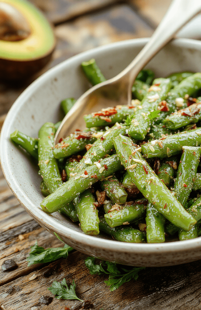 Bright green beans glazed with a shiny, slightly crispy coating, arranged on a rustic white plate with a sprinkle of chopped garlic and red pepper flakes, set against a soft wooden background. The beans are crisp-tender with a glossy finish, showcasing textures from crisp edges to tender centers, styled simply with a touch of fresh herbs for a vibrant, appetizing look.