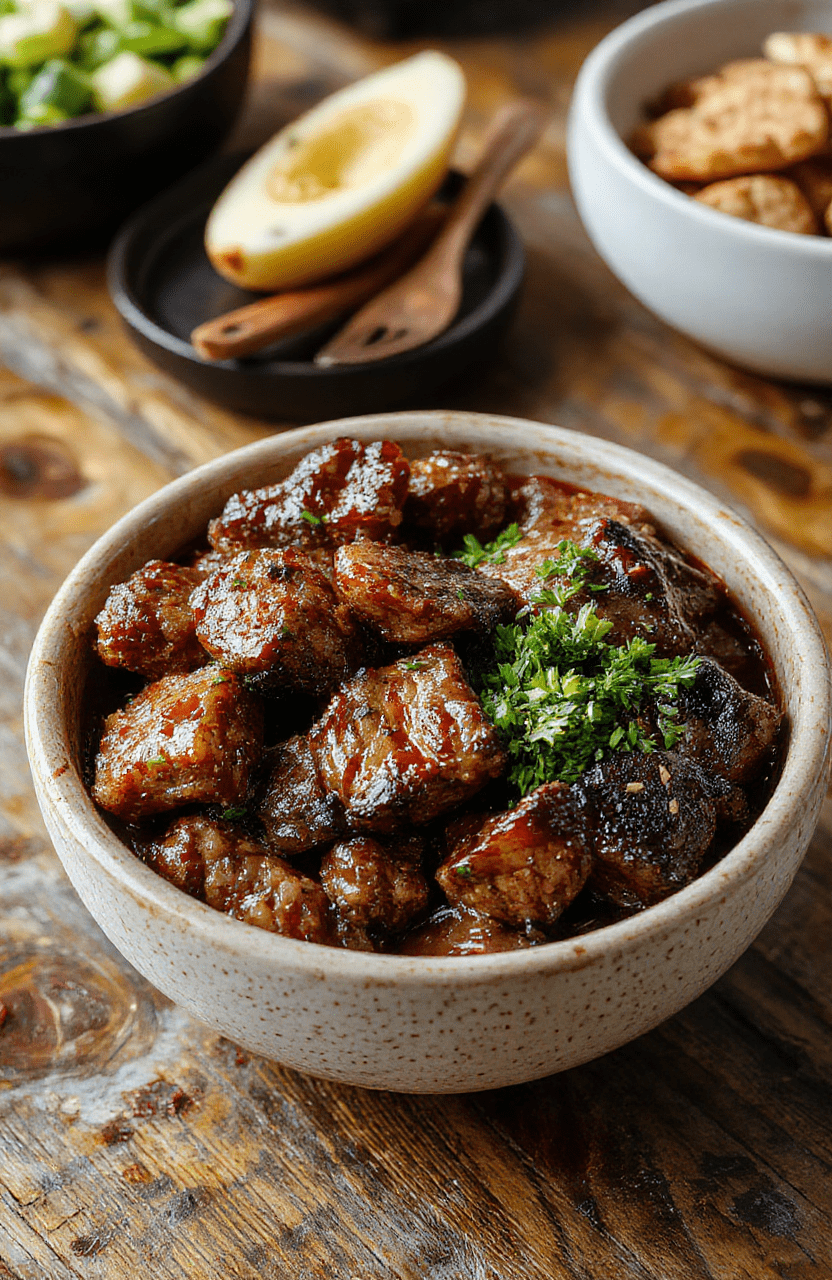 A vibrant hibachi steak bowl featuring perfectly cooked sliced steak, colorful stir-fried vegetables, and steamed rice, all artfully arranged with fresh garnishes on a rustic wooden table, showcasing rich textures and bold flavors.