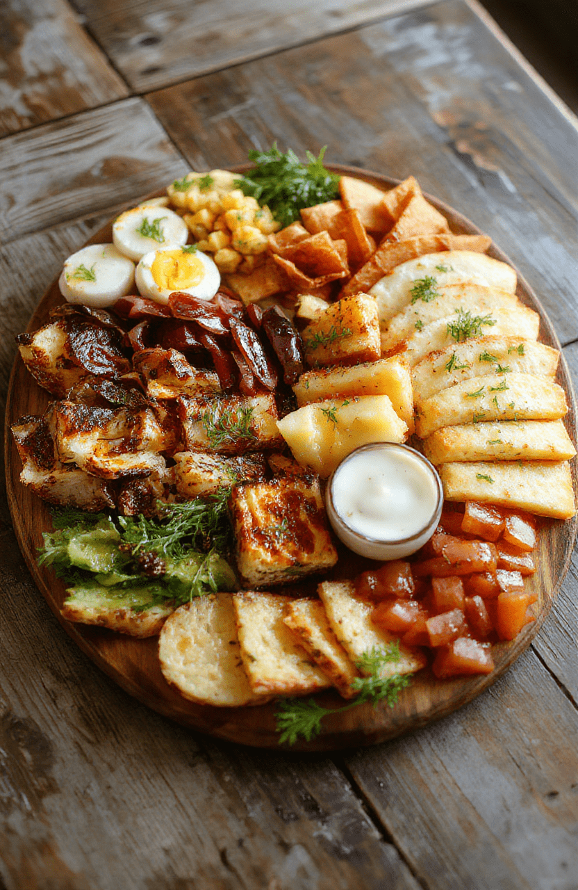A vibrant and inviting holiday charcuterie board featuring an assortment of cheeses, cured meats, fresh fruits, nuts, and crackers arranged aesthetically on a rustic wooden platter, with seasonal garnishes and colorful toppings, styled for a festive celebration.