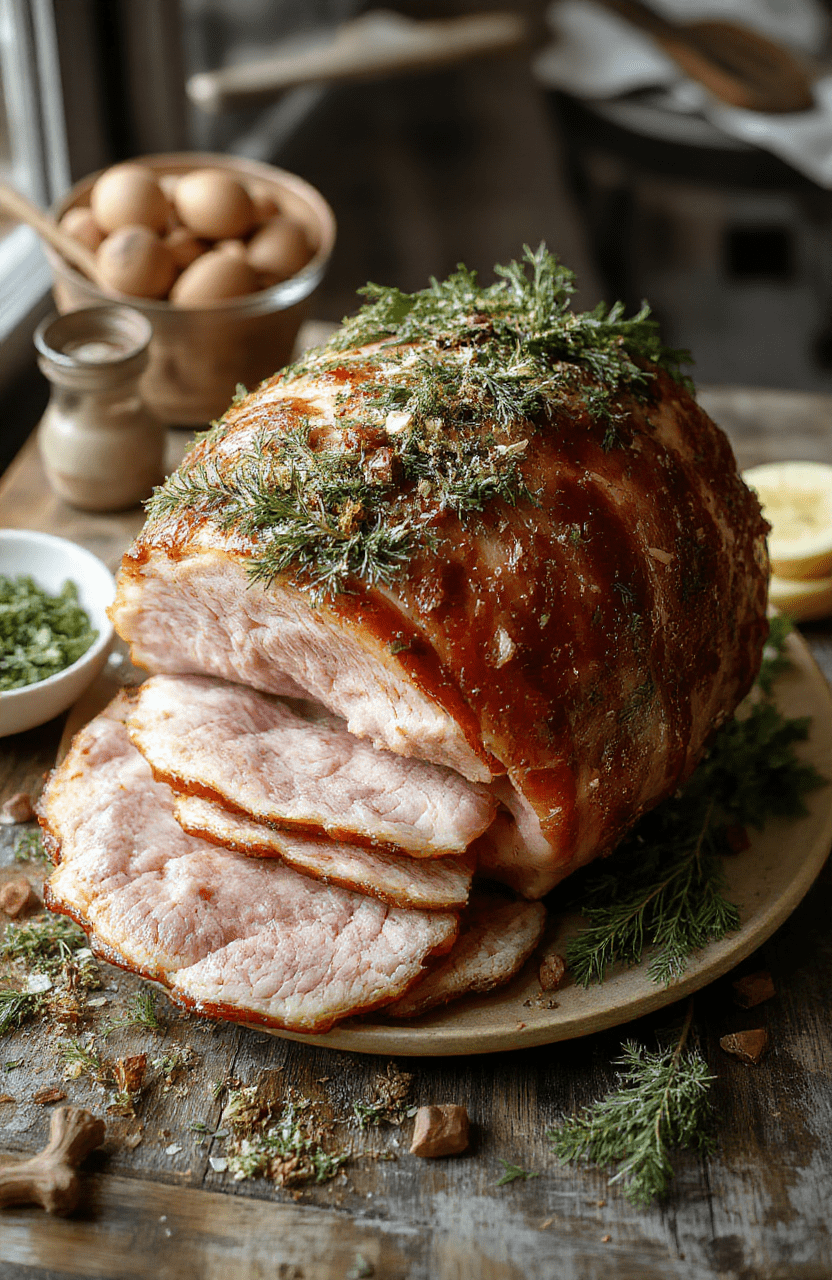 A beautifully sliced honey glazed ham on a white platter, garnished with fresh herbs and slices of orange. The ham has a shiny caramelized glaze, showcasing its juicy interior. The presentation is elegant, perfect as a holiday centerpiece, with warm lighting highlighting the glistening surface and savory textures.