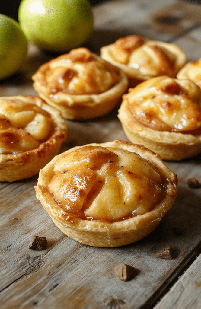 Colorful mini apple pies with golden crusts, filled with glossy cinnamon-spiced apple filling, neatly arranged on a pastel plate, with a dusting of powdered sugar, styled casually on a rustic wooden table with natural light highlighting textures.