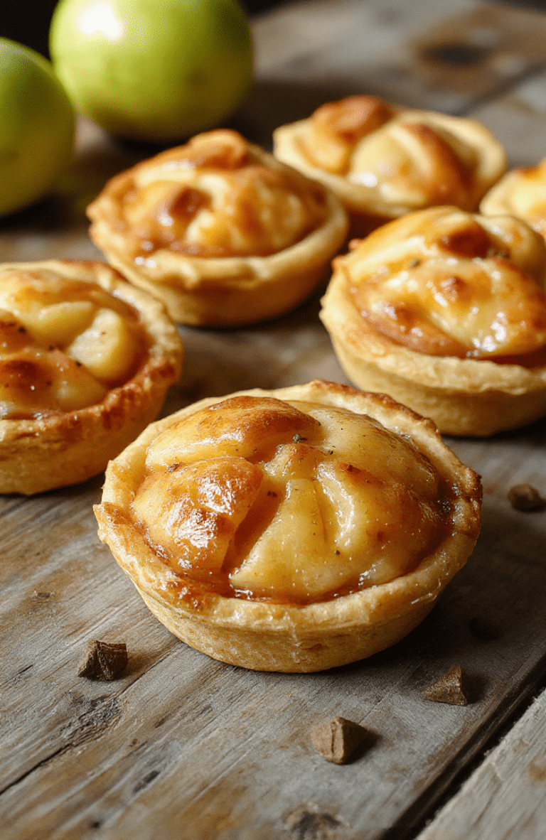 Colorful mini apple pies with golden crusts, filled with glossy cinnamon-spiced apple filling, neatly arranged on a pastel plate, with a dusting of powdered sugar, styled casually on a rustic wooden table with natural light highlighting textures.