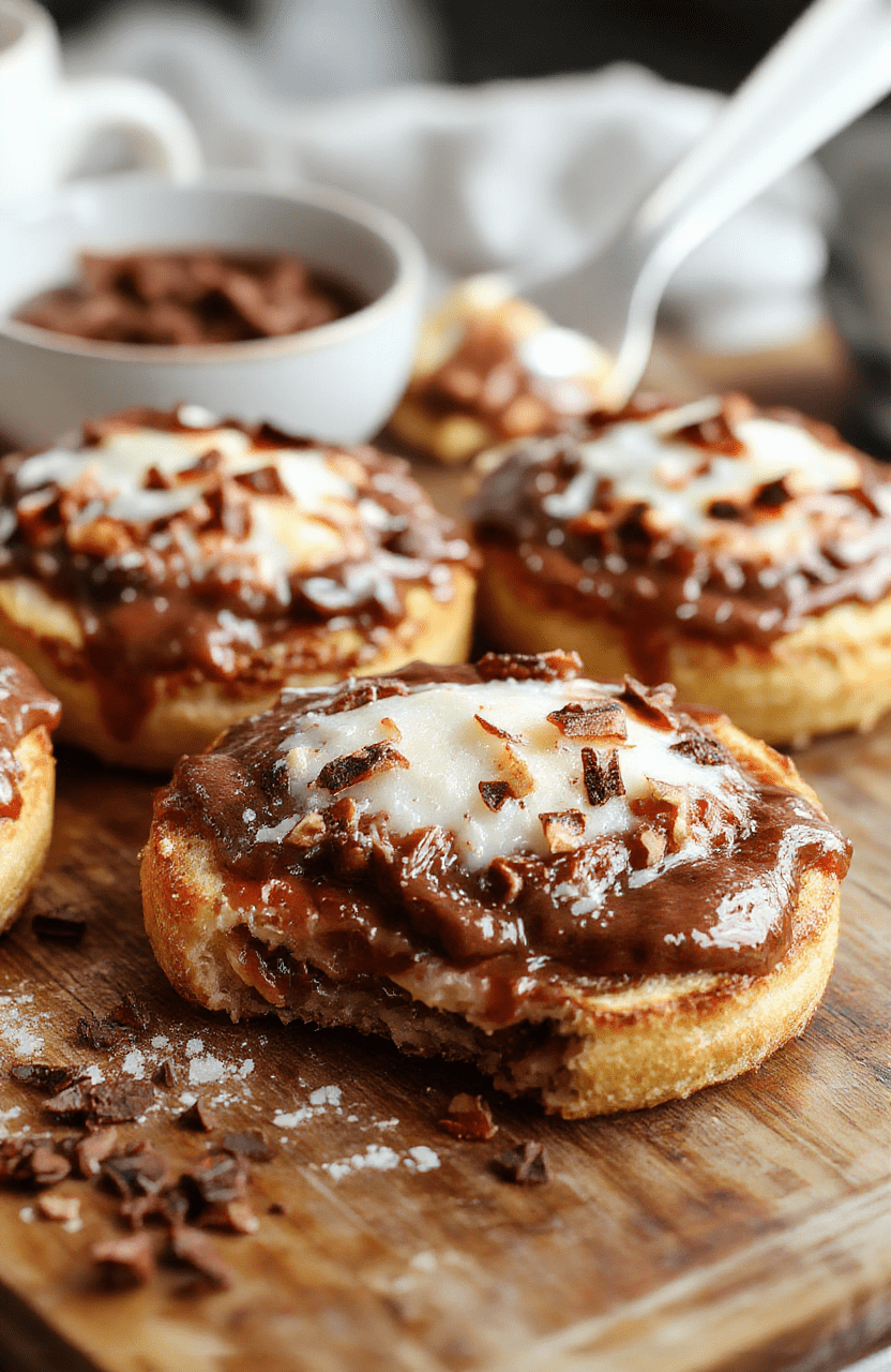 Golden-brown Nutella toast pies with a crispy exterior, oozing Nutella filling visible through a slight crack, served on a rustic plate with scattered crushed nuts and powdered sugar, styled simply with natural daylight highlighting textures and glossiness of the filling.