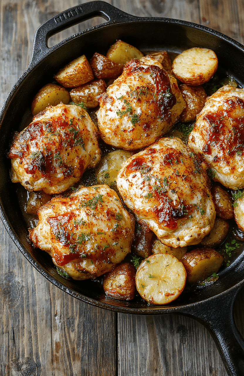 Colorful plate featuring golden-brown garlic parmesan chicken breasts surrounded by roasted crispy potatoes, garnished with fresh parsley, styled simply on a rustic wooden surface with natural daylight highlighting the textures and vibrant flavors.