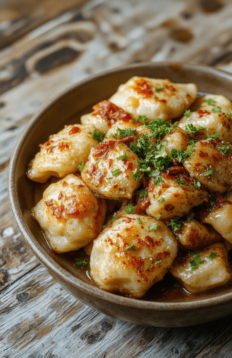 Colorful potsticker stir fry served on a white plate, featuring golden-brown potstickers with crispy edges, vibrant mixed vegetables including bell peppers, carrots, and snap peas, garnished with chopped green onions, styled simply on a rustic wooden surface with natural daylight highlighting textures and colors.