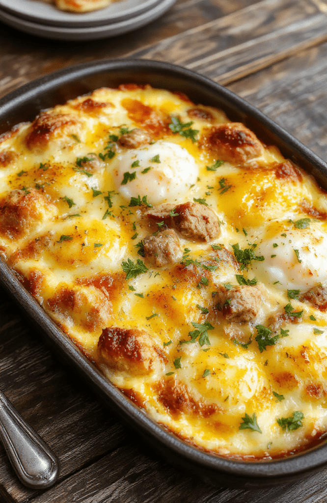A colorful sausage egg casserole in a baking dish showcasing golden-brown eggs, melted cheese, and chunks of sausage, garnished with fresh herbs, styled on a rustic wooden surface with a warm, inviting brunch atmosphere.
