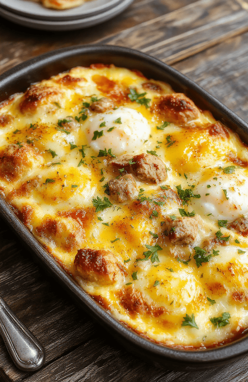 A colorful sausage egg casserole in a baking dish showcasing golden-brown eggs, melted cheese, and chunks of sausage, garnished with fresh herbs, styled on a rustic wooden surface with a warm, inviting brunch atmosphere.