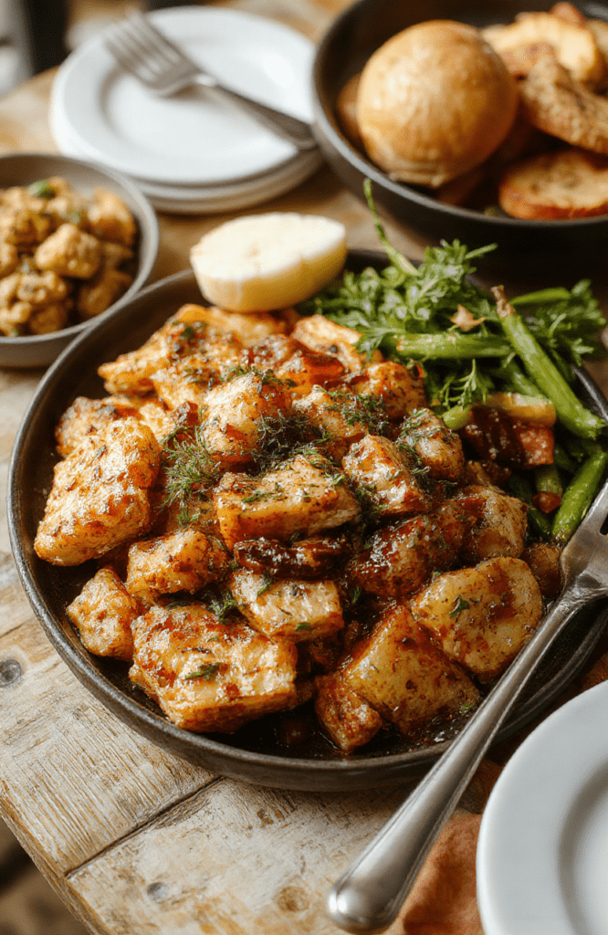 A beautifully arranged Thanksgiving feast table featuring a golden roasted turkey, vibrant salads, hearty side dishes, and seasonal decorations. The dishes are plated in rustic ceramic bowls and on elegant platters, with warm lighting highlighting the rich textures of the food, including crispy skin, fresh greens, and creamy casseroles, styled in a cozy, inviting setting.