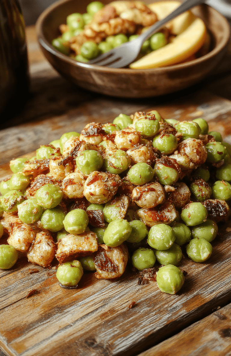 A vibrant white plate featuring bright green peas seasoned with herbs, topped with a sprinkle of Parmesan cheese, arranged neatly on a rustic wooden table with soft natural daylight highlighting the glossy texture of the peas and fresh herbs.