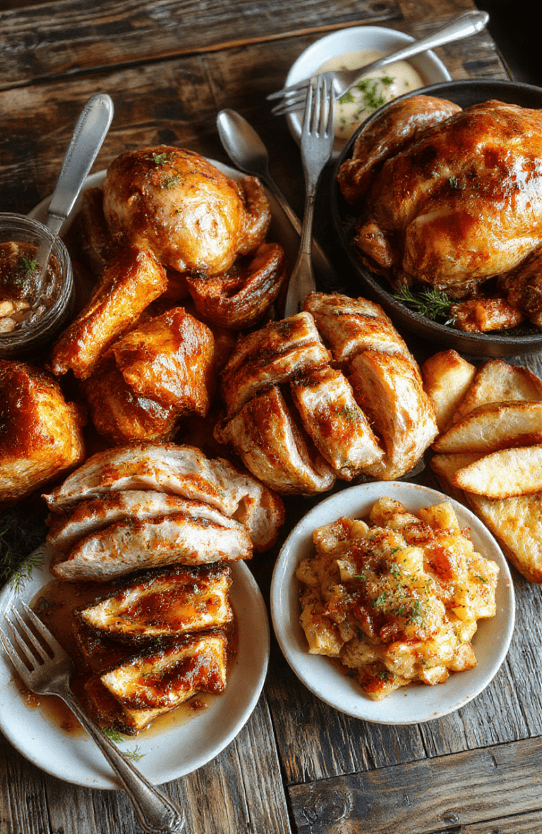 A beautifully plated Southern Thanksgiving meal featuring juicy roasted turkey, glazed sweet potatoes, creamy green bean casserole, and cornbread muffins, all artfully arranged on a rustic wooden table with fall decorations, rich warm colors, and textures highlighting the comfort and celebration of holiday dining.