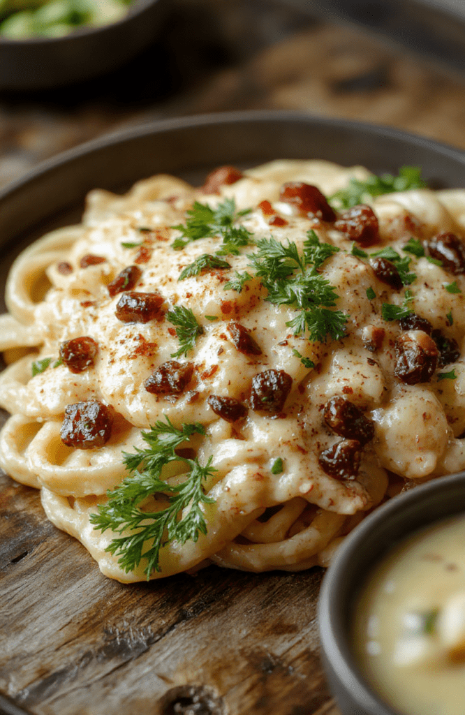 A vibrant plate of creamy Cajun pasta topped with chopped parsley and sliced red peppers, showcasing a rich, spicy sauce with tender pasta, garnished with fresh herbs on a rustic wooden table.
