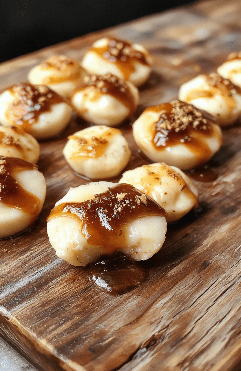A close-up of elegant goat cheese honey bites arranged on a white ceramic plate, featuring creamy goat cheese topped with golden honey and fresh herbs, garnished with crushed nuts, styled with a rustic wooden background and soft natural light highlighting textures and colors.