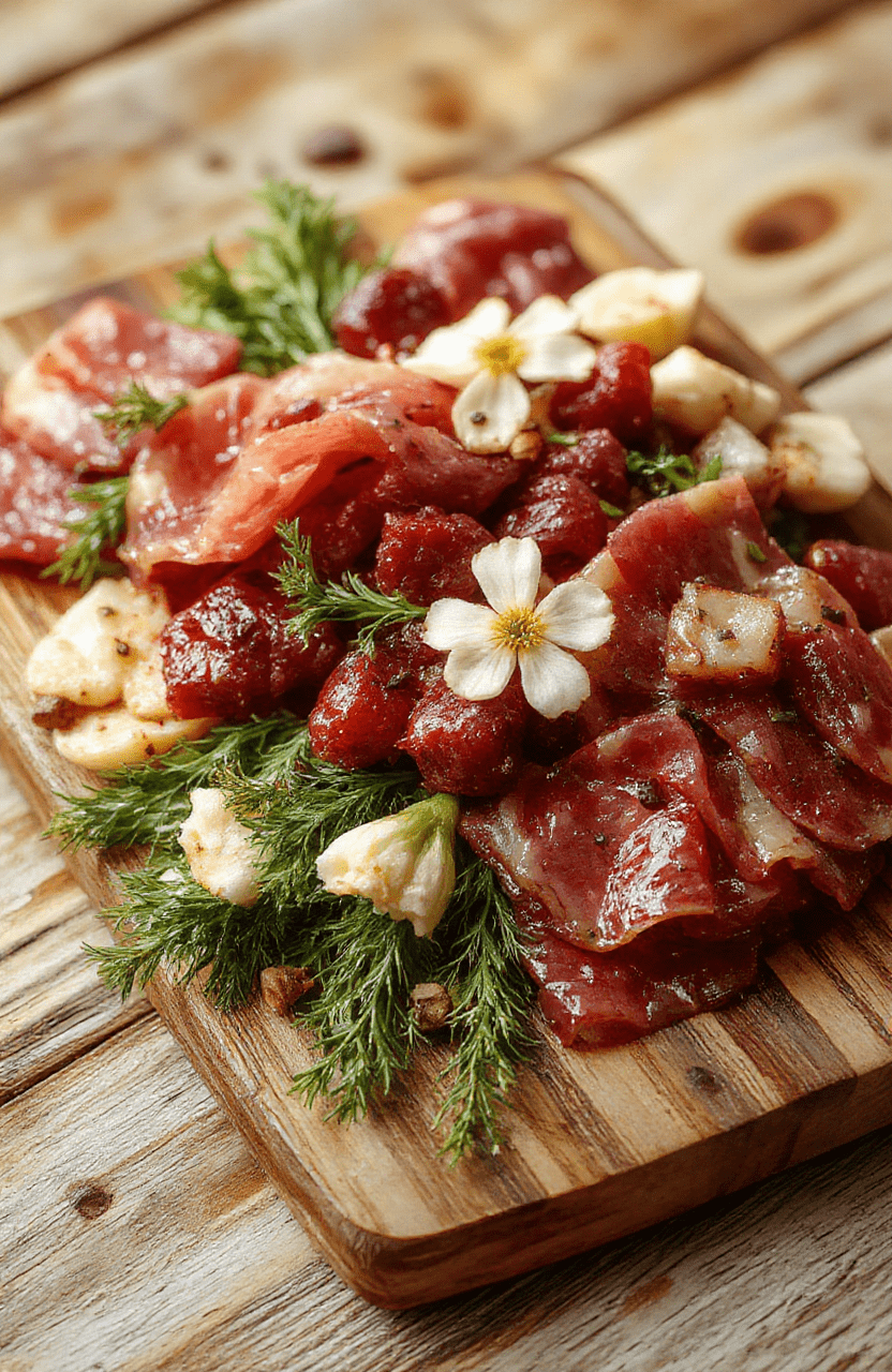 A vibrant platter featuring intricately arranged slices of cured meats shaped into delicate flower patterns, accented with fresh herbs and edible flowers, on a rustic wooden board. Bright colors and textured meats create an elegant and inviting presentation, perfect for upscale gatherings.