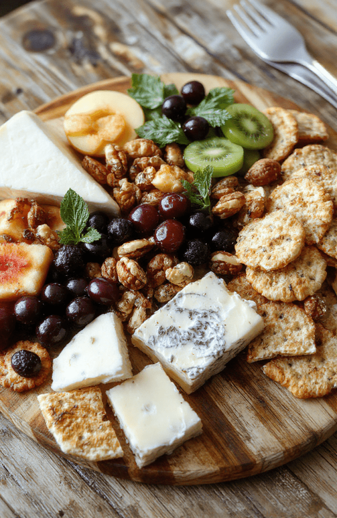 A vibrant cheese board featuring an assortment of cheeses, crackers, fresh fruits, nuts, and garnishes. The platter is artfully arranged with colorful cheeses, sliced fruits, and textured nuts on a rustic wooden surface, styled for an elegant yet casual presentation.