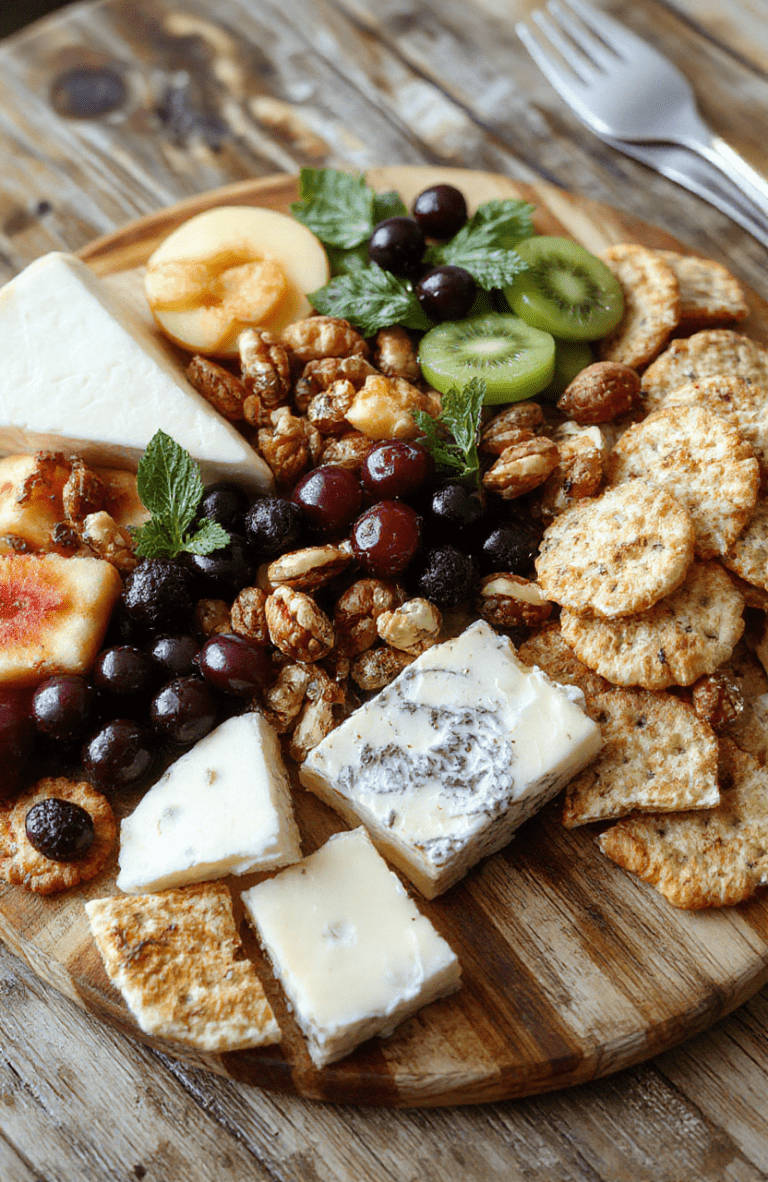 A vibrant cheese board featuring an assortment of cheeses, crackers, fresh fruits, nuts, and garnishes. The platter is artfully arranged with colorful cheeses, sliced fruits, and textured nuts on a rustic wooden surface, styled for an elegant yet casual presentation.