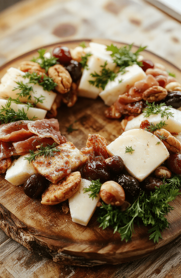 A vibrant festive charcuterie wreath arranged on a wooden platter, featuring an array of colorful cheeses, cured meats, fresh fruits, nuts, and herbs, beautifully styled in a circular wreath shape with holiday decorations in the background, showcasing textures and vibrant colors in an inviting composition.