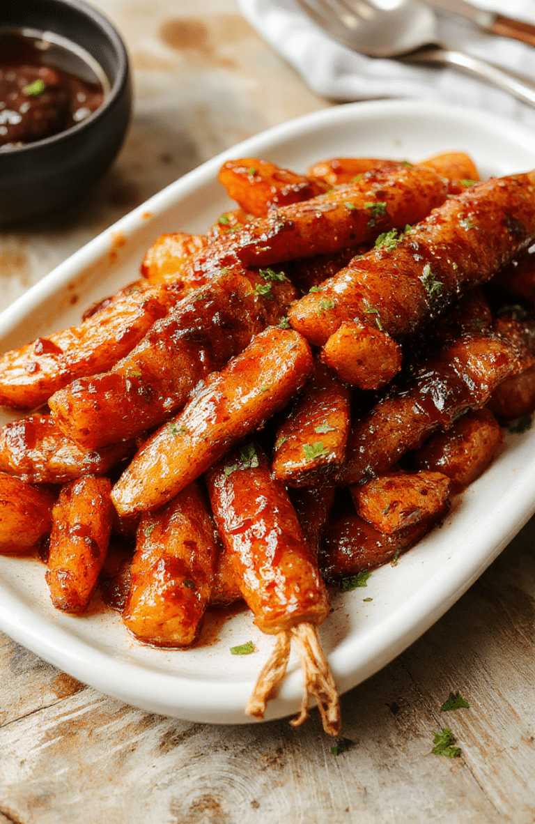 Colorful glazed carrots arranged neatly on a white plate, topped with fresh herbs, showcasing a glossy caramelized glaze. The presentation is simple yet elegant, highlighting the vibrant orange of the carrots against a rustic wooden table, with soft natural lighting emphasizing their shiny texture and tender appearance.