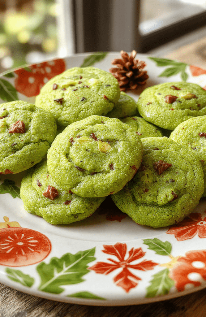 Colorful green Grinch-themed cookies with Santa hat decorations on a festive red and green plaid plate, surrounded by holiday ornaments and candy canes, showcasing smooth icing, playful expressions, and a cheerful holiday atmosphere.