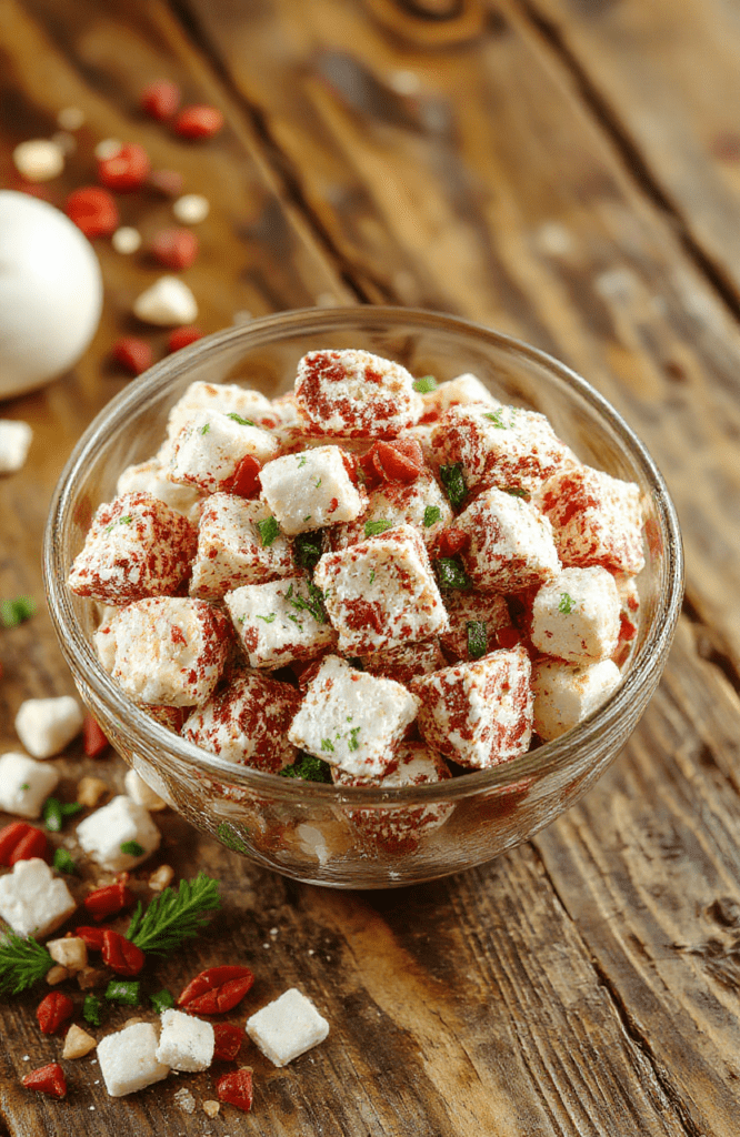 Colorful Christmas Puppy Chow in a clear glass bowl, featuring coated cereal pieces with red and green sprinkles on a rustic wooden surface, styled simply with festive accents, vibrant and inviting textures.