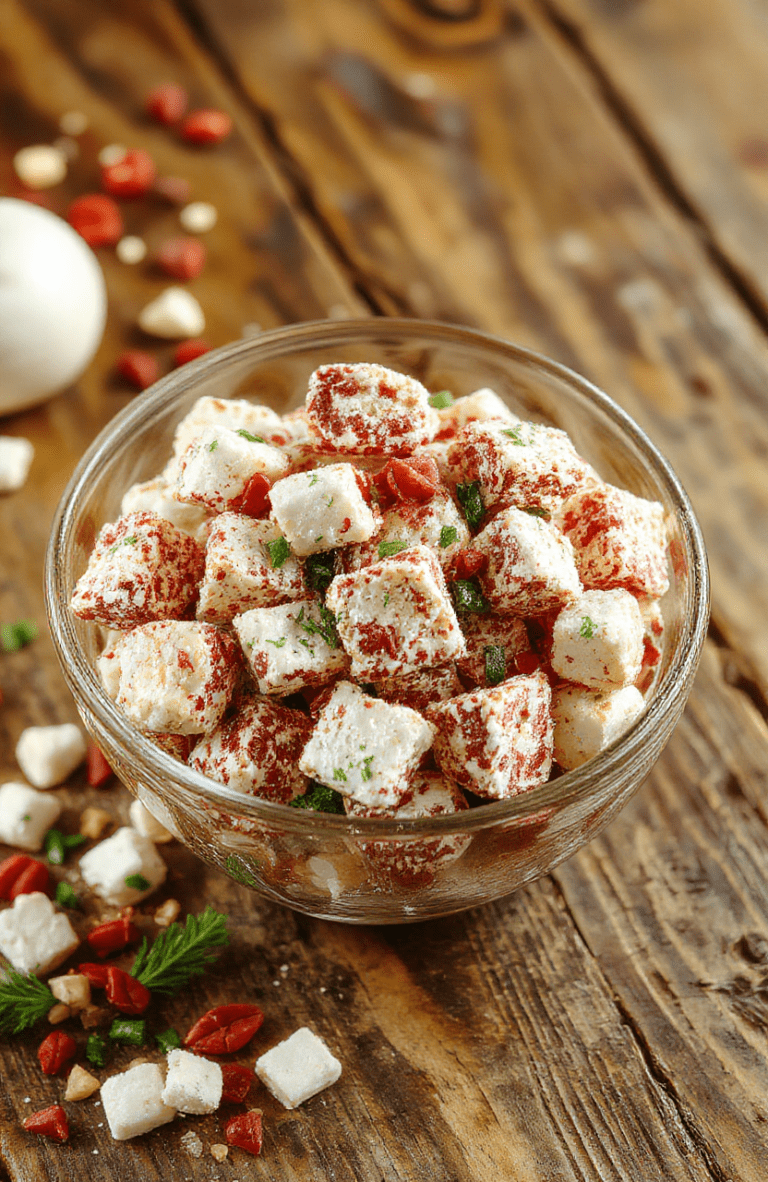 Colorful Christmas Puppy Chow in a clear glass bowl, featuring coated cereal pieces with red and green sprinkles on a rustic wooden surface, styled simply with festive accents, vibrant and inviting textures.