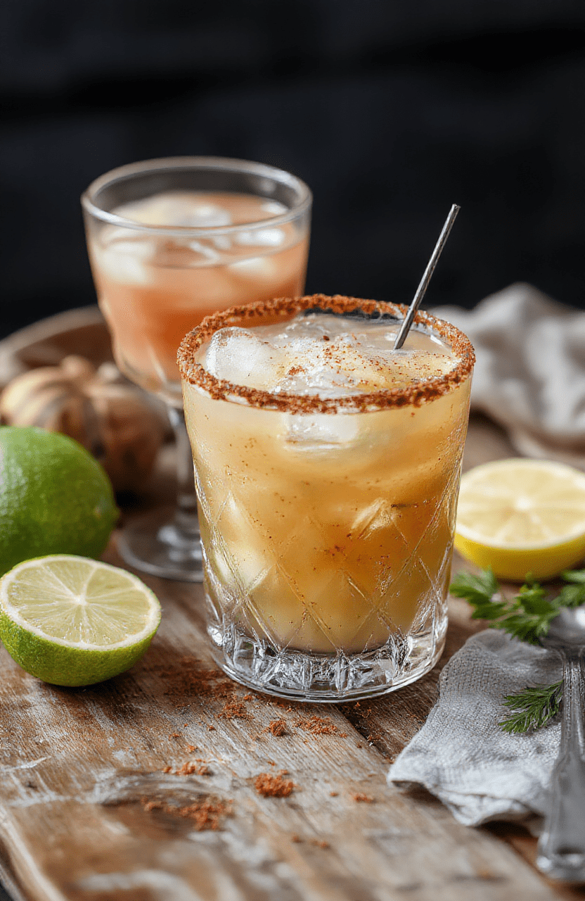 A vibrant glass of Festive Spiced Margarita garnished with an orange slice and cinnamon stick, surrounded by festive holiday decorations, warm lighting, and a cozy background, with a salted rim showing off the bright yellow-orange hue of the drink, creating an inviting and celebratory atmosphere.