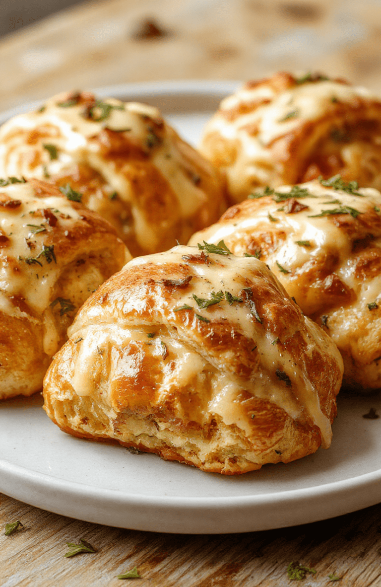 Golden flaky croissants filled with seasoned ground beef and melted cheese, arranged on a rustic white plate with a flaky crust texture, surrounded by fresh herbs and a drizzle of melted cheese, styled for a cozy brunch setting with natural light highlighting the crispy layers and gooey filling.