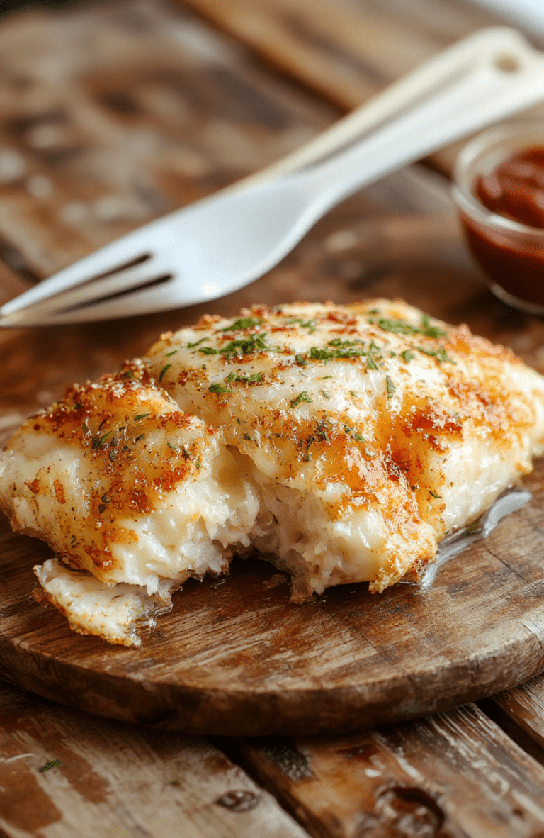 A beautifully plated flaky baked cod fillet topped with a creamy coconut lemon sauce, garnished with fresh herbs, served on a clean white plate with vibrant lemon slices and a sprinkle of herbs, highlighting the golden crust and tender interior of the fish, set against a rustic wooden table with a touch of green from fresh herbs for an inviting, fresh look.