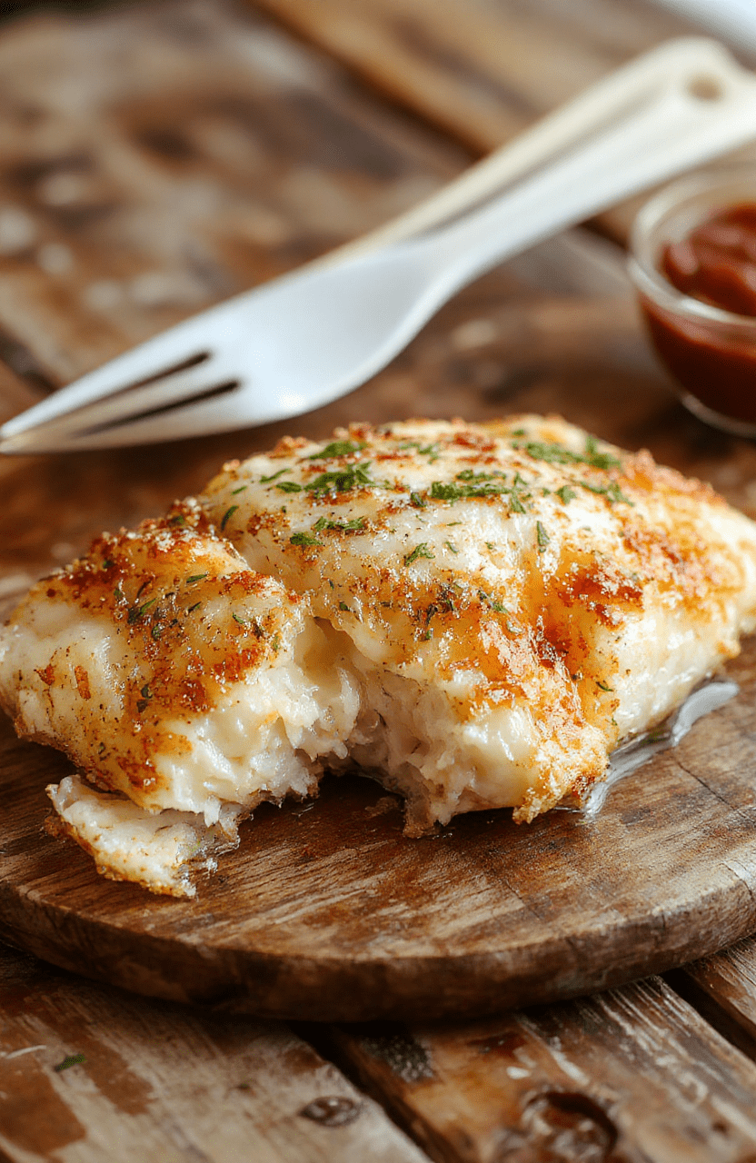 A beautifully plated flaky baked cod fillet topped with a creamy coconut lemon sauce, garnished with fresh herbs, served on a clean white plate with vibrant lemon slices and a sprinkle of herbs, highlighting the golden crust and tender interior of the fish, set against a rustic wooden table with a touch of green from fresh herbs for an inviting, fresh look.