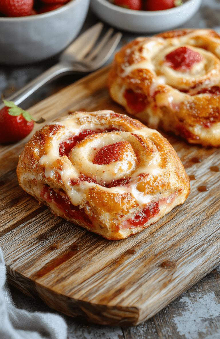 A close-up of a flaky strawberry Danish pastry on a rustic wooden board. The pastry has golden, crisp layers with a swirl of vibrant red strawberry filling and a creamy white cheese glaze. Fresh strawberry slices and a sprig of mint garnish the top, styled with a lightly dusted powdered sugar for an inviting, homemade look. Soft natural lighting highlights the textures and colors, creating an appetizing scene.
