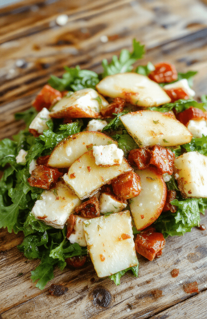 A vibrant, colorful apple feta salad arranged on a white ceramic plate, featuring crisp apple slices, crumbled feta cheese, mixed greens, and a drizzle of honey mustard dressing, styled with a rustic wooden background, natural light highlighting the textures.