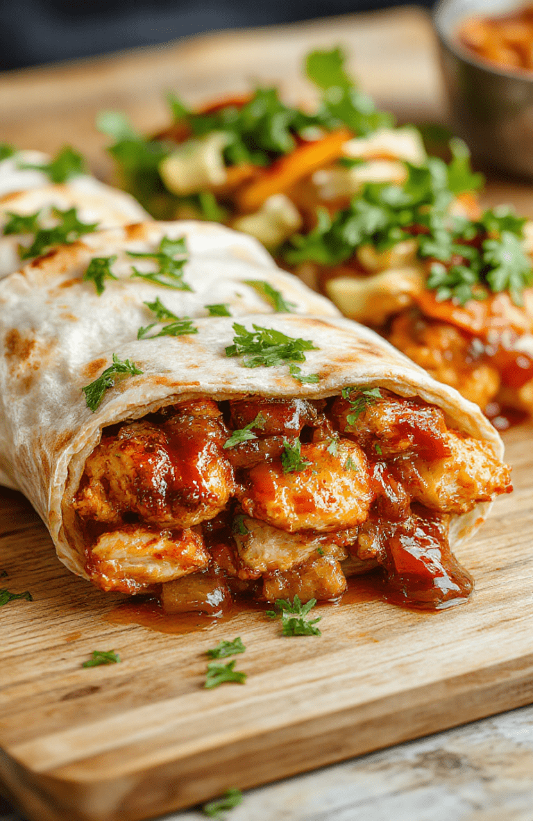 A vibrant plate of BBQ chicken wraps featuring golden-brown grilled chicken, fresh crisp lettuce, and a smoky barbecue sauce wrapped in a soft tortilla, neatly arranged on a rustic wooden surface with subtle shadows and natural daylight highlighting the textures.