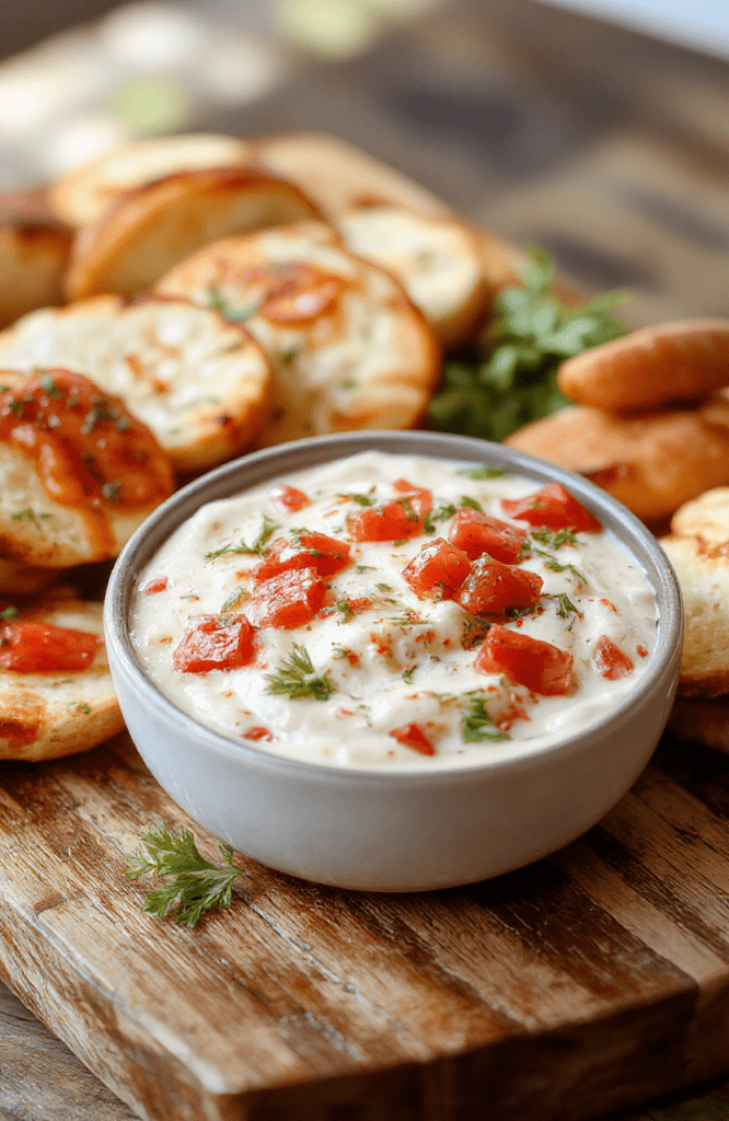 A vibrant bowl of bruschetta dip with chopped tomatoes, fresh basil, garlic, and olive oil served on a rustic wooden platter. The dip has a chunky, colorful appearance with a glossy finish, garnished with extra basil leaves and a drizzle of olive oil. Surrounding the bowl are slices of toasted baguette and garlic crostini, styled casually for a warm, inviting appetizer presentation.