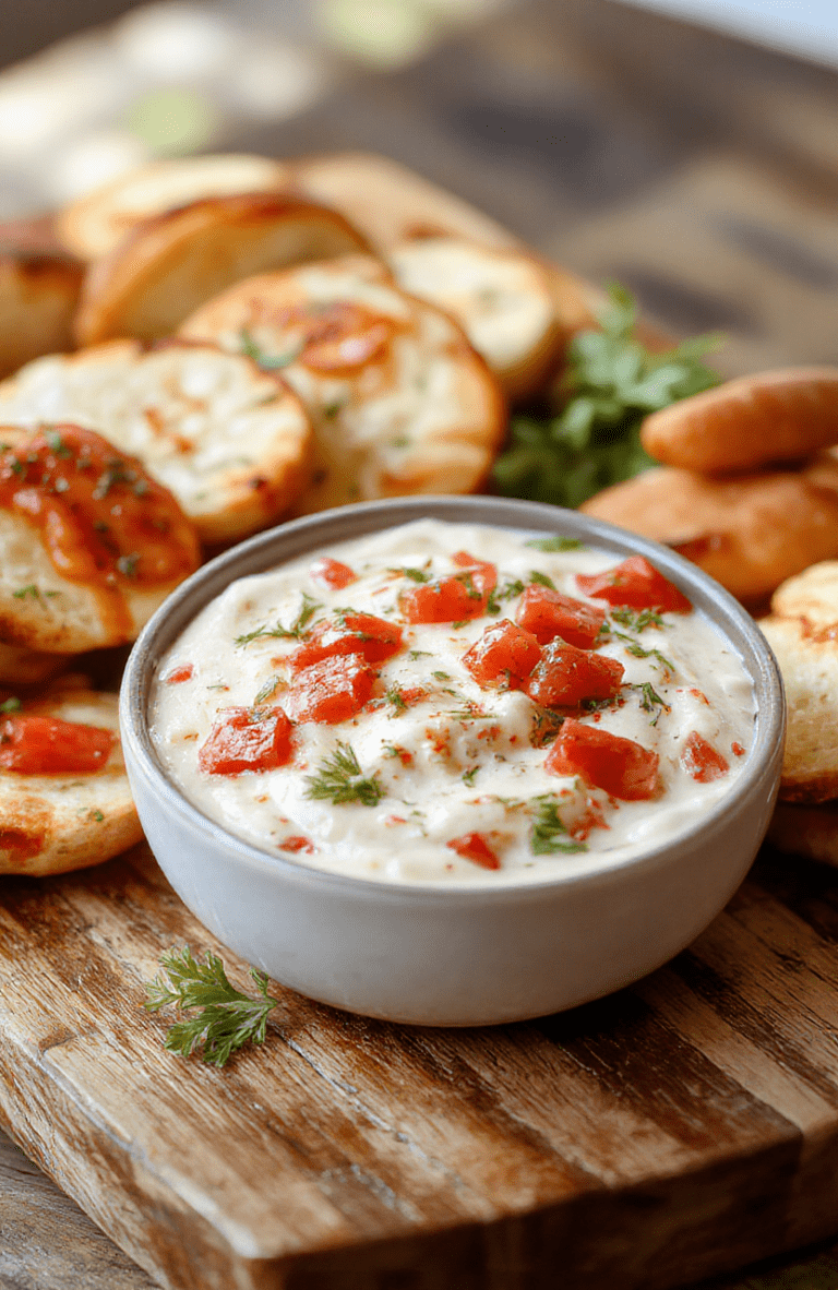 A vibrant bowl of bruschetta dip with chopped tomatoes, fresh basil, garlic, and olive oil served on a rustic wooden platter. The dip has a chunky, colorful appearance with a glossy finish, garnished with extra basil leaves and a drizzle of olive oil. Surrounding the bowl are slices of toasted baguette and garlic crostini, styled casually for a warm, inviting appetizer presentation.