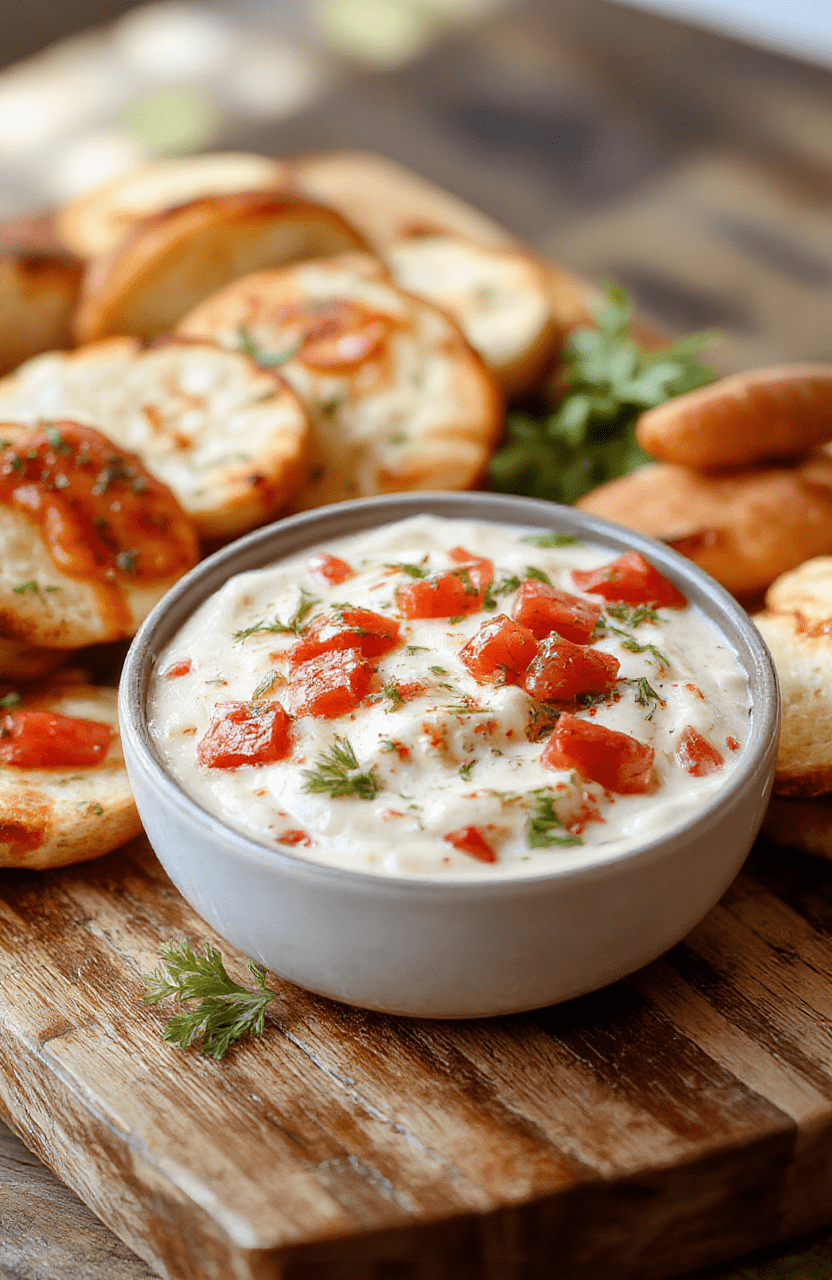 A vibrant bowl of bruschetta dip with chopped tomatoes, fresh basil, garlic, and olive oil served on a rustic wooden platter. The dip has a chunky, colorful appearance with a glossy finish, garnished with extra basil leaves and a drizzle of olive oil. Surrounding the bowl are slices of toasted baguette and garlic crostini, styled casually for a warm, inviting appetizer presentation.