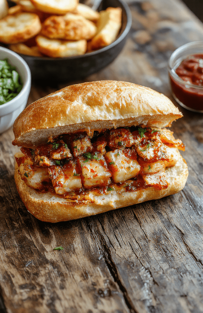 A vibrant chopped sub sandwich on a rustic wooden board featuring colorful layers of fresh lettuce, ripe tomatoes, sliced deli meats, melted cheese, and a crusty baguette, styled for an inviting and appetizing presentation.