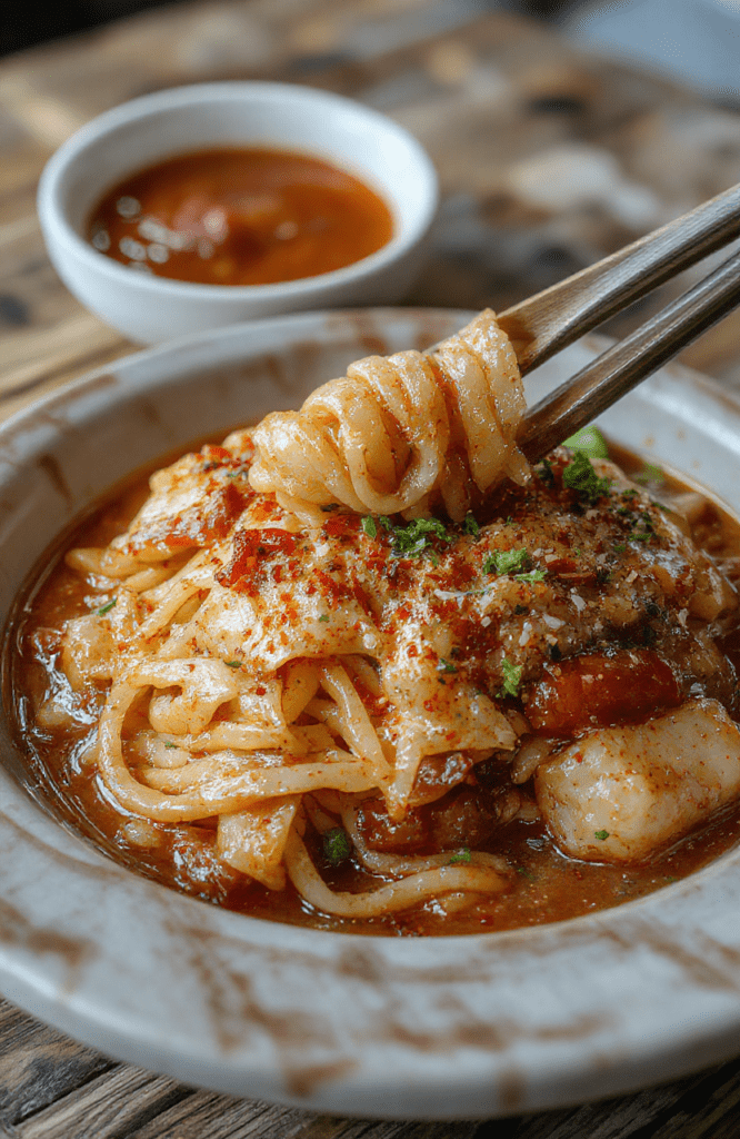 A vibrant plate of japchae noodles featuring translucent sweet potato glass noodles with colorful julienned carrots, bell peppers, and tender beef strips, garnished with sesame seeds and green onions, styled on a rustic wooden table with a modern minimalist background.