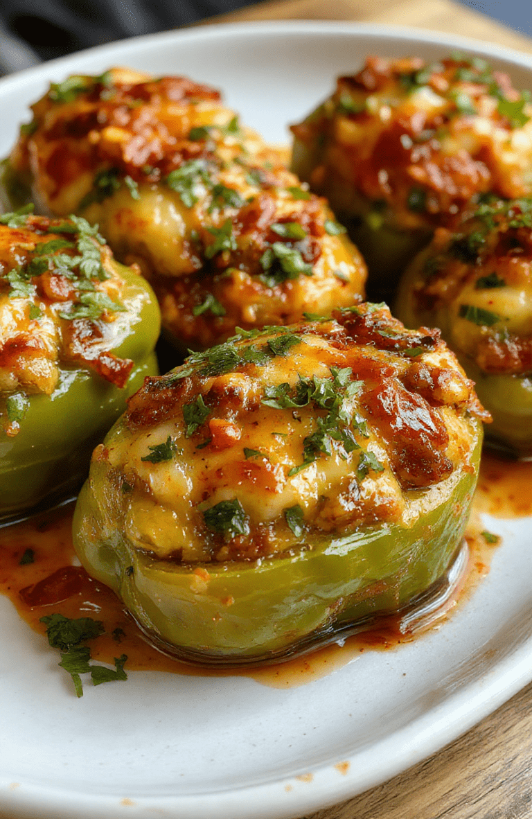 Colorful stuffed bell peppers arranged on a rustic white plate, filled with a savory mixture of rice, ground meat, and herbs, topped with melted cheese. Bright red, green, and yellow peppers contrasted by a vibrant filling and garnished with freshly chopped parsley. The dish is styled casually on a wooden table, emphasizing a cozy, homey atmosphere with a focus on fresh ingredients and appealing textures.